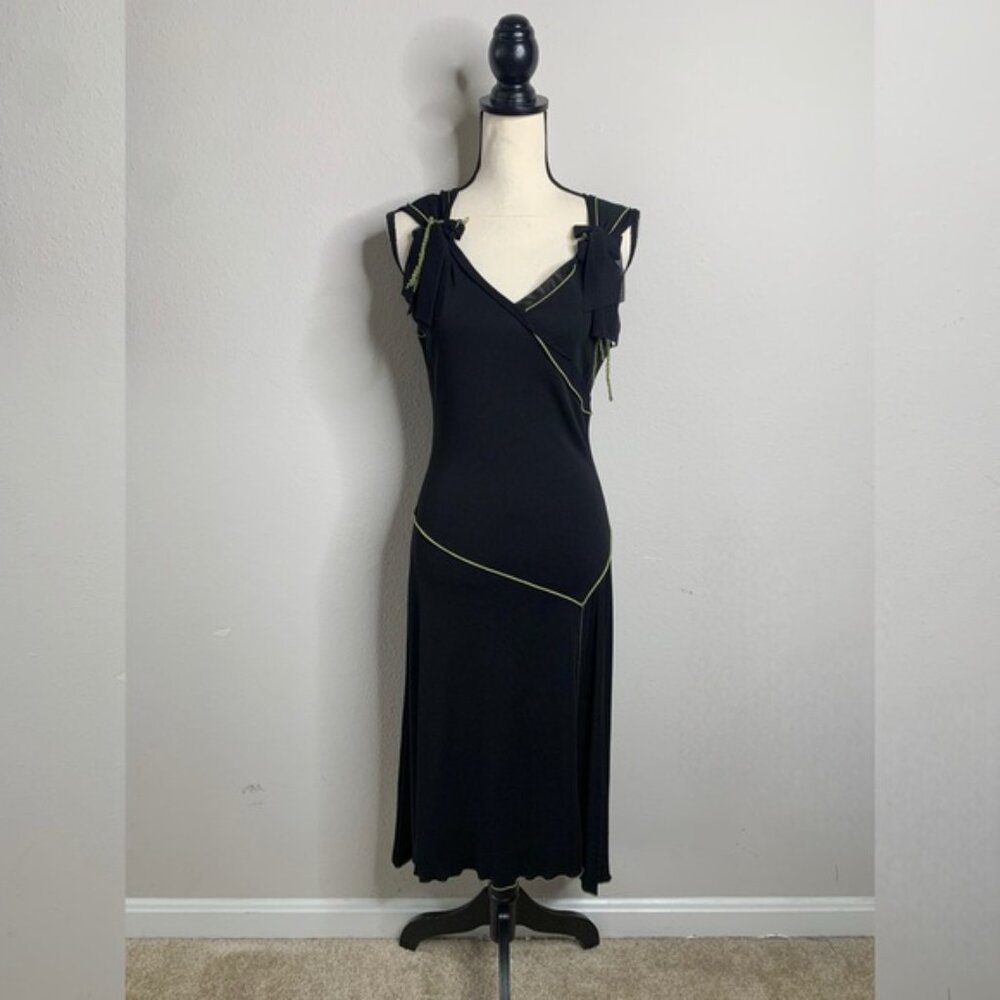 NWT Maxi Studio Black With Green Piping & Shoulder Bow Asymmetrical Midi Dress - Picture 4 of 14